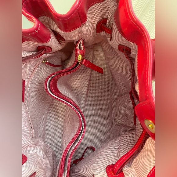 Dooney & Bourke Glossy Dark Pink Patent Leather & Canvas Stripe Tote Bag - Picture 8 of 13